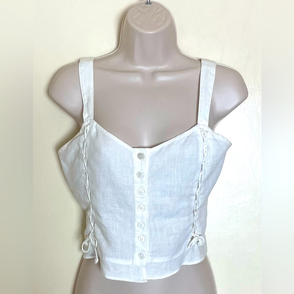 Reformation White Linen Lace-up Buttoned Top
